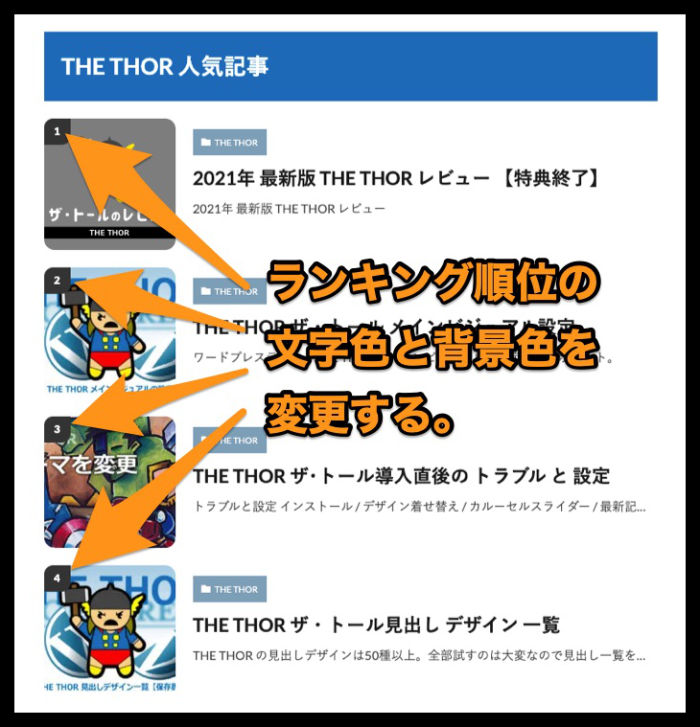 THOR ランキング順位の背景色 文字色